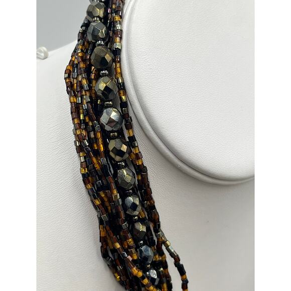 MultiStrand Brown Black Seed Bead Beaded Necklace Gold Tone Large Closure - Picture 6 of 9